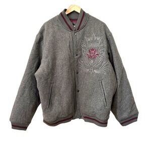 SEAN JOHN Vintage Mens Grey Varsity Bomber Jacket Embroidery‎ Snap Pockets XL